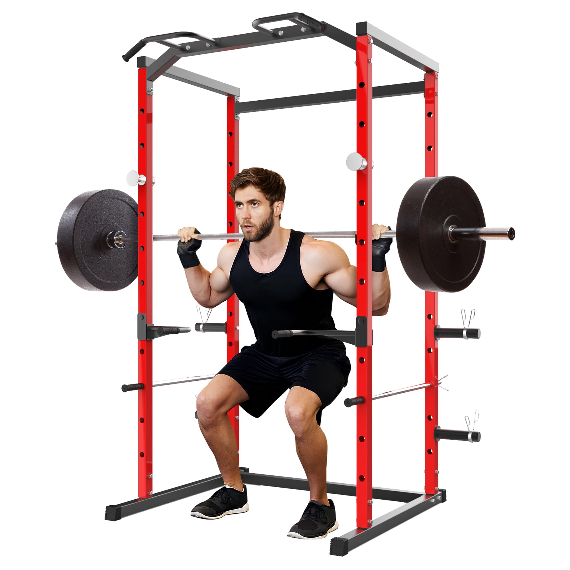 1100LB Capacity Power Cage Squat Rack for Home Gym - Multi-Function Strength Training Rack with Pull-Up Bar, Dip Bars, Adjustable Safety Bars & J-Hooks-Red