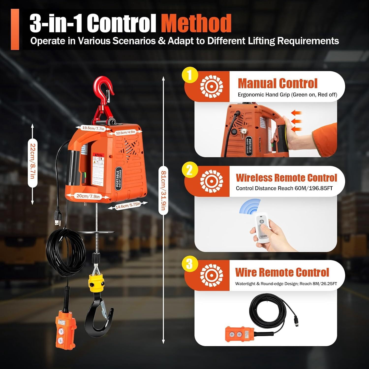 1100LBS Electric Hoist Winch, Dual Remote Control, 1500W Pure Copper ...