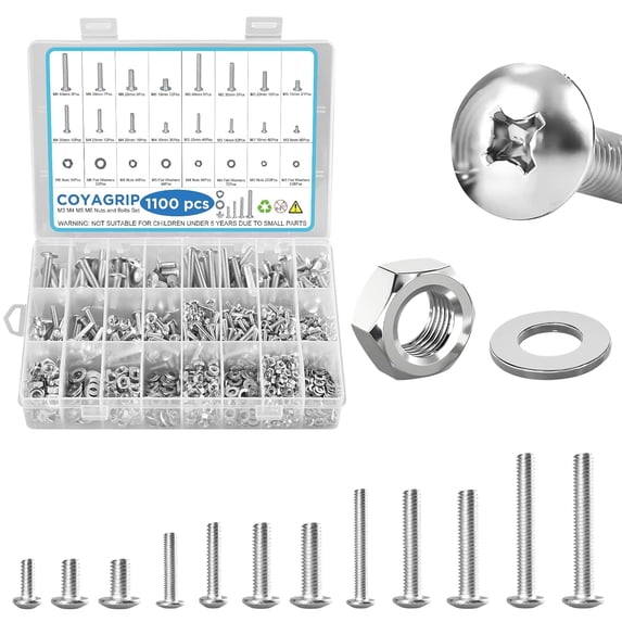 1100PCS Nuts and Bolts Assortment Kit, M3 M4 M5 M6 Phillips Head ...