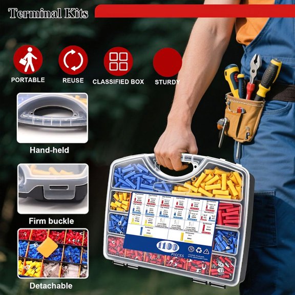 1100PCS Wire Connector Kit with Crimping Tool, Copper Insulated Electrical Terminals - , Butt, Spade, Connectors, Carrying Case Included