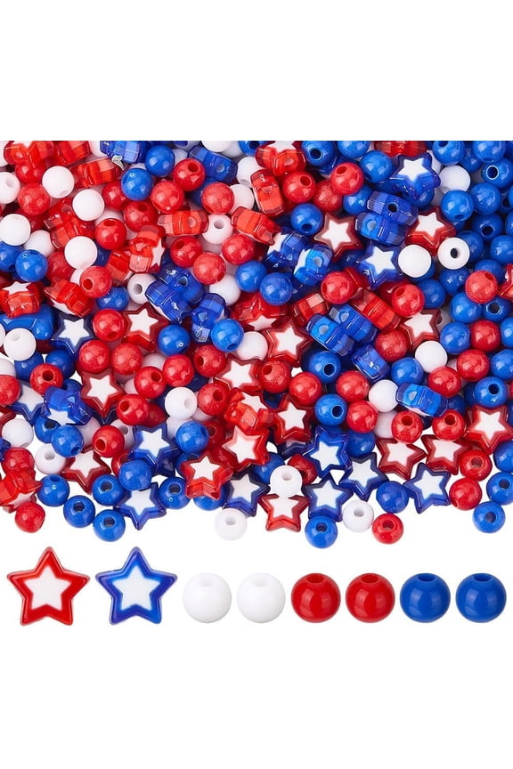 1100Pcs 5 Styles Independence Day Red White and Blue Beads Patriotic American Flag Wholesale Plastic Round Star Acrylic Beads for Jewelry Making Beading Bracelets Necklace Supplies Women