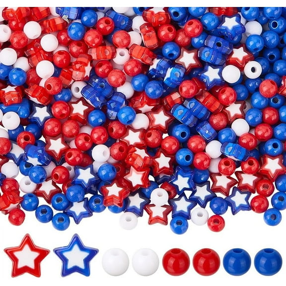 1100Pcs 5 Styles Red White and Blue Beads Patriotic American Flag Wholesale Plastic Round Star Acrylic Beads