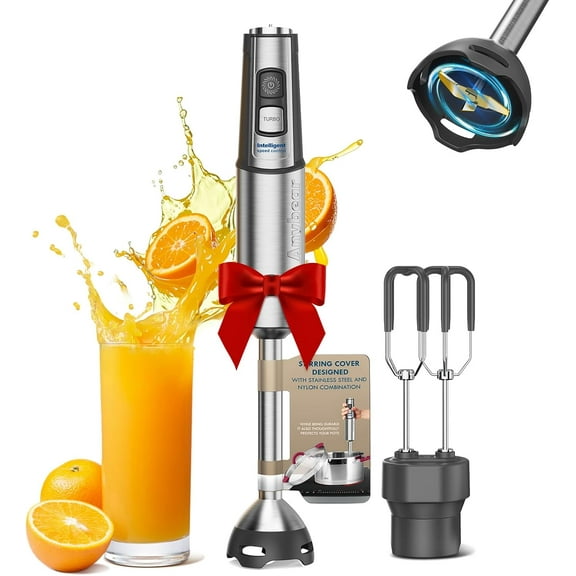 1100W 2-in-1 Hand Held Immersion Blender with Full Copper Motor & Stainless Steel Body 15 Speed & Turbo Mode Hand Mixer Blade with Anti-scratch Coating Gray