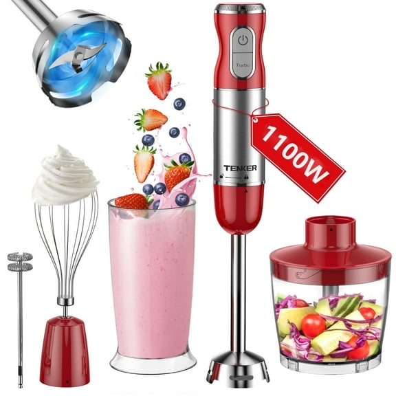 1100W Immersion Blender Handheld Hand Blender , Trigger Variable Speed 5 in 1 Stick Blender, Emulsion Blender with Chopper, Whisk and Frother for Soup, Baby Food and Smoothies,Red