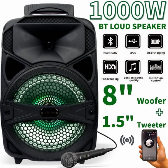 1100W Portable Bluetooth Speaker with LED Lights, Powerful Subwoofer, Bass Boost, Built-in Mic, 1800mAh Battery for Long Outdoor Party