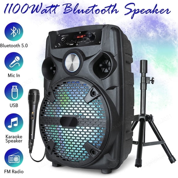 1100W Portable Bluetooth Speaker with Tripod Stand 8" Woofer Party PA Sound System LED Mic Remote