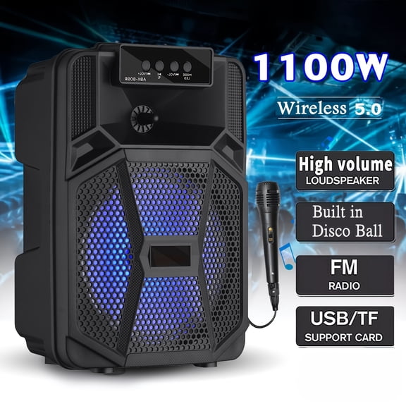 1100W Portable Wireless Speaker with LED Lights & Wired Mic, 1200mAh Battery Party Speaker, Compact for Home Events & Gift
