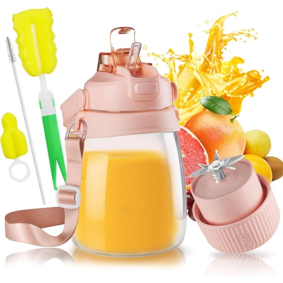 1100ml Portable Juicer with 10-Blade Turbo Juicing, USB-C Fast Charging, 12+ Cups per Charge, Juice Glass with Sip Lid & Carrying Strap for Travel & office & Gym. Not for Ice Crushing. (Prink)