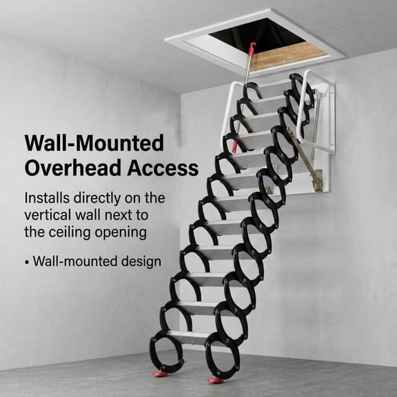 1102 LBS Capacity Foldable Attic Ladder, 12-Step Iron Black+White Treads, 12FT Pull Down System with Non-Slip Striped Grip & Armrests, Wall Mounted for Storage