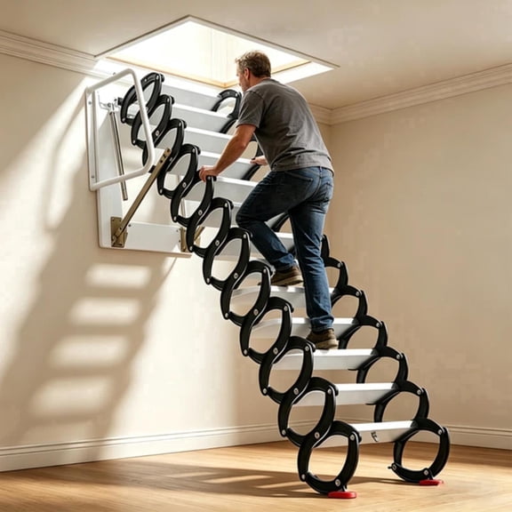 1300 Lbs Capacity Foldable Attic Ladder,Titanium Magnesium Alloy Telescoping Ladder, Wall-Mounted 12-Step Pull-Down System for Residential Garage Lof