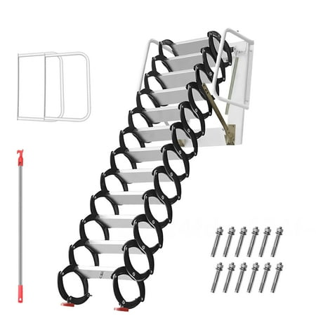 1102 Pound Capacity Attic Stairs, Wall-Mounted And Metal Iron Construction-118(H)*133.8(D), Grid Design, Anti-Slip Steps/Feet, with Pull Rod & Grab Bars, For Home, Attic(Black-and-White)