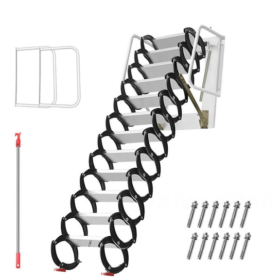 1102 Pound Capacity Attic Stairs, Wall-Mounted And Metal Iron Construction-118(H)*133.8(D), Grid Design, Anti-Slip Steps/Feet, with Pull Rod & Grab Bars, For Home, Attic(Black-and-White)