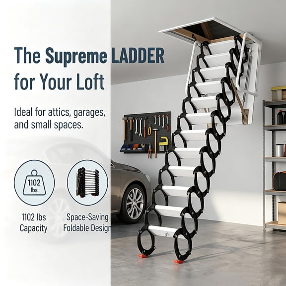 1102 lbs Wall Staircase, Titanium Magnesium Alloy 12 Step Black White Splicing Telescopic Ladder, Space Saving Foldable Loft Ladder for Warehouse Garage