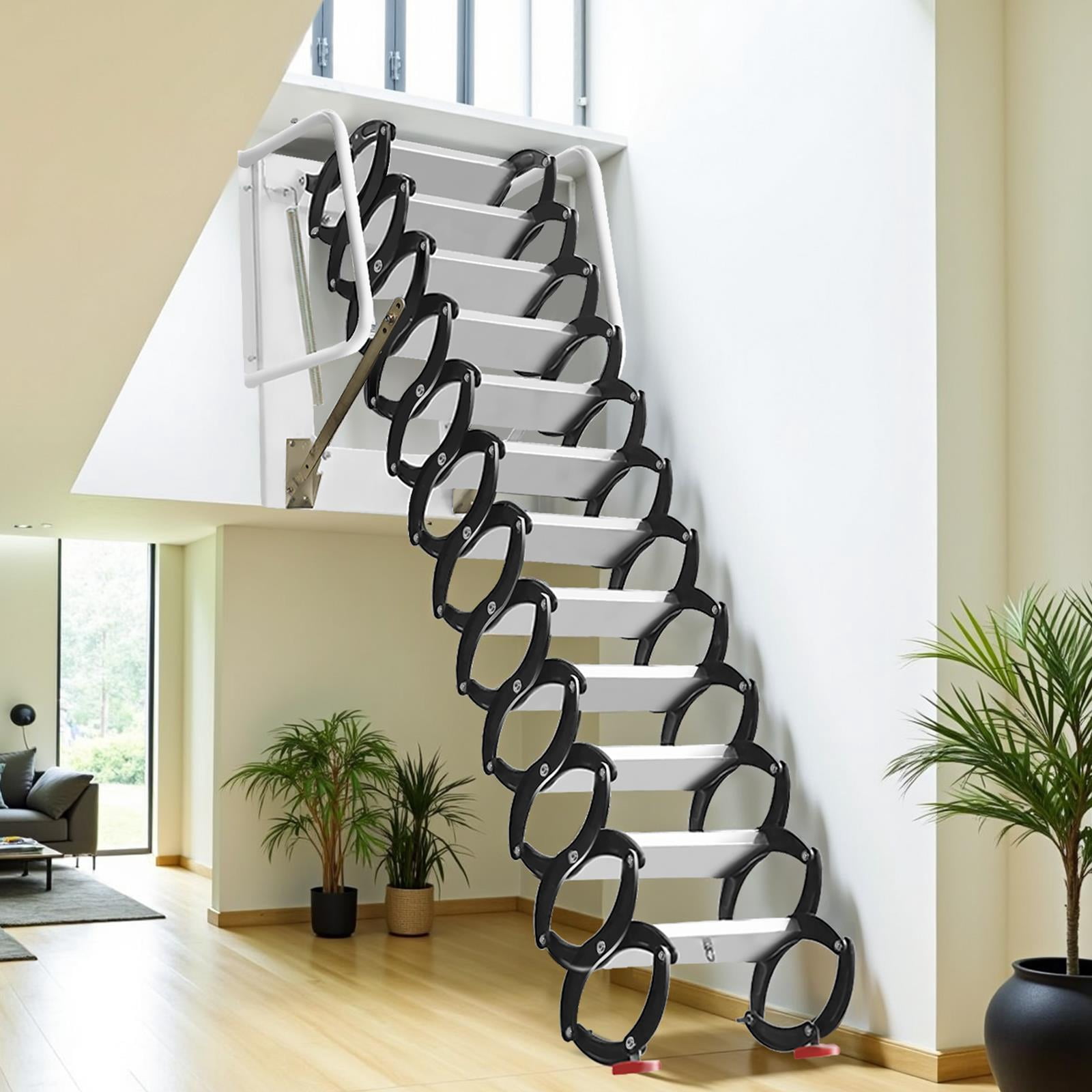 1.Wall-Mounted Attic Ladder, 12 Steps Titanium-Magnesium Alloy Loft Stairs Pull System Maximum Load Capacity 1102 Lbs Foldable Storage Staircase Handr