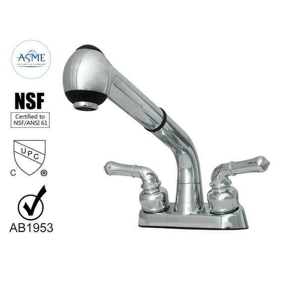 Universal Laundry Tub Faucet with Pull Out Spray Spout, Non-Metallic ABS Plastic, Chrome Finish