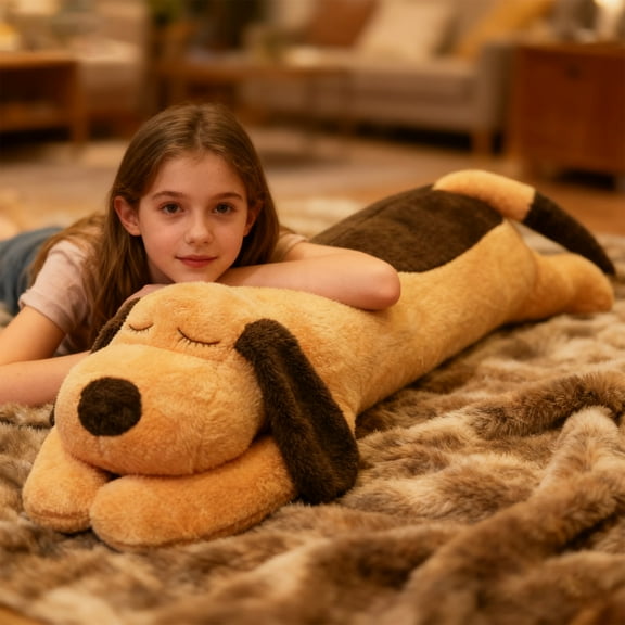 110Cm Extra Large Lying Puppy Plush Toy, Cute Soft Comfortable Stuffed Animal With Long Body And Peaceful Expression, Ideal As Sleeping Pillow Cuddly Companion And Decorative Prop