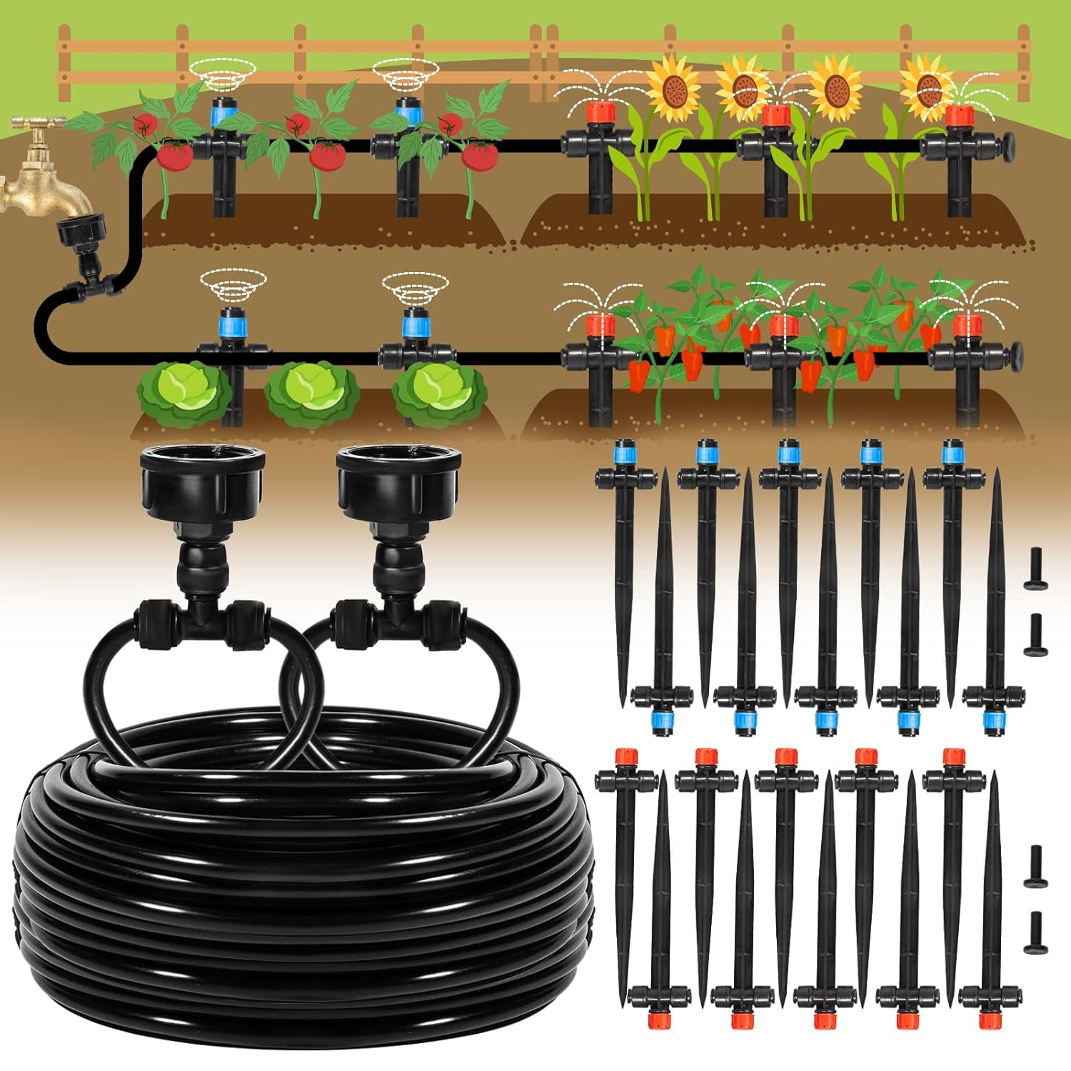 110FT Quick-Connect Drip Irrigation Kit, Garden Watering System DIY Automatic Equipment Set for Lawn Raised Bed Greenhouse Plant with 1/4'' Tubing, Emitters, Connectors