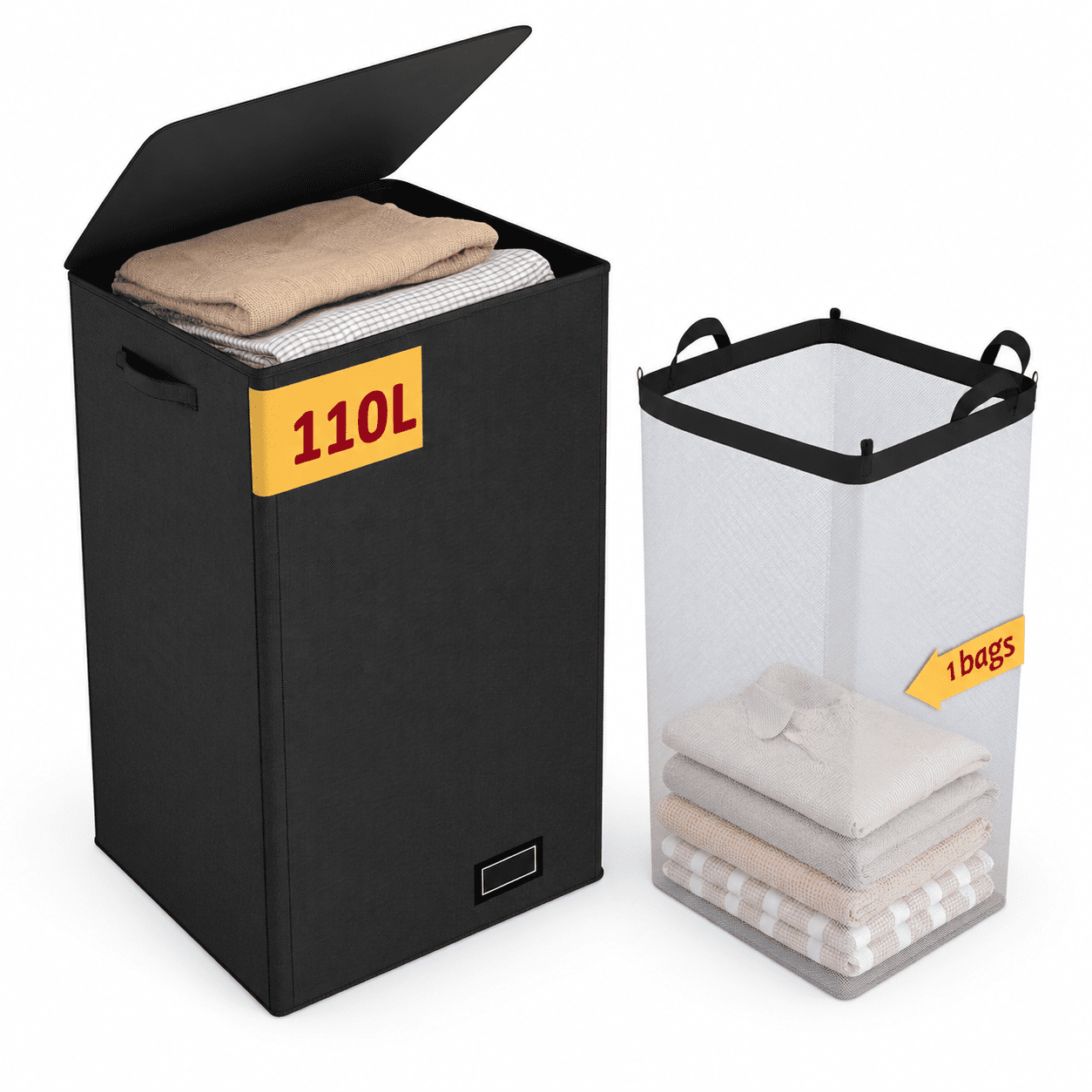 110L Black Laundry Hamper with Lid, Removable Liner, and Collapsible ...