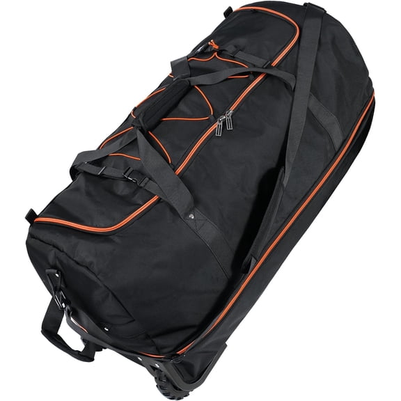 110L Expandable to 140L 32” Foldable Oxford Soft-Sided Rolling Duffle Bag with 2 Heavy-Duty Wheels,2 Large Compartments,Adjustable Shoulder Strap and Attached Organizer Pouch,Black Orange