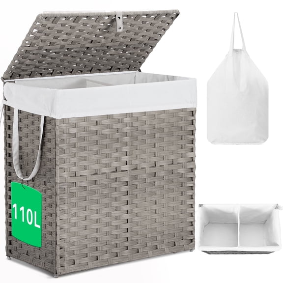 110L Foldable Laundry Hamper with Lid and Removable Liner, Wicker Basket for Bedroom & Bathroom, Gray