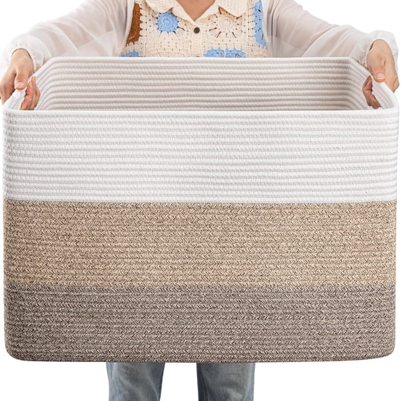 110L Large Blanket Basket,Storage Basket for Organizing, Dog Toy Bin,baby laundry basket,Cotton Rope Blanket Basket for Living Room, Laundry, Nursery, Pillows (White and Brown)