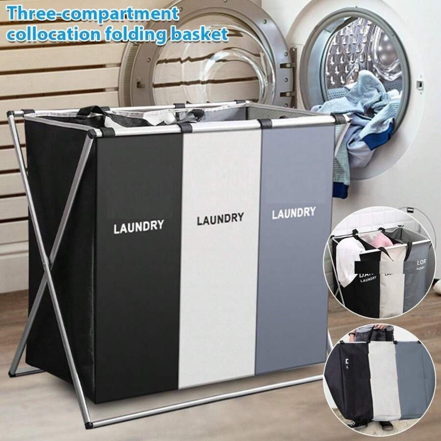 110L Large Laundry Basket,3 Section Sorted Laundry Hamper For Laundry Room Organization,Collapsible Hamper,Suitable For Clothing Storage,Toy Storage,Yoga Mat Storage
