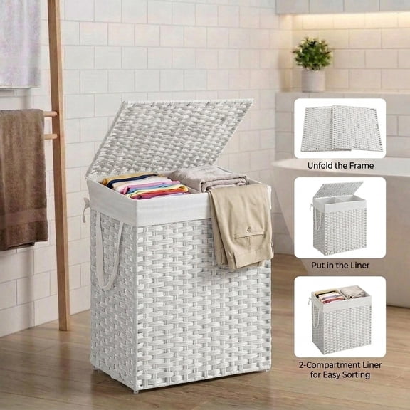 110L Laundry Hamper with Lid Clothes Hamper with 2 Removable Liner Bags & 6 Mesh Bags Wicker Laundry Basket for Laundry Room White