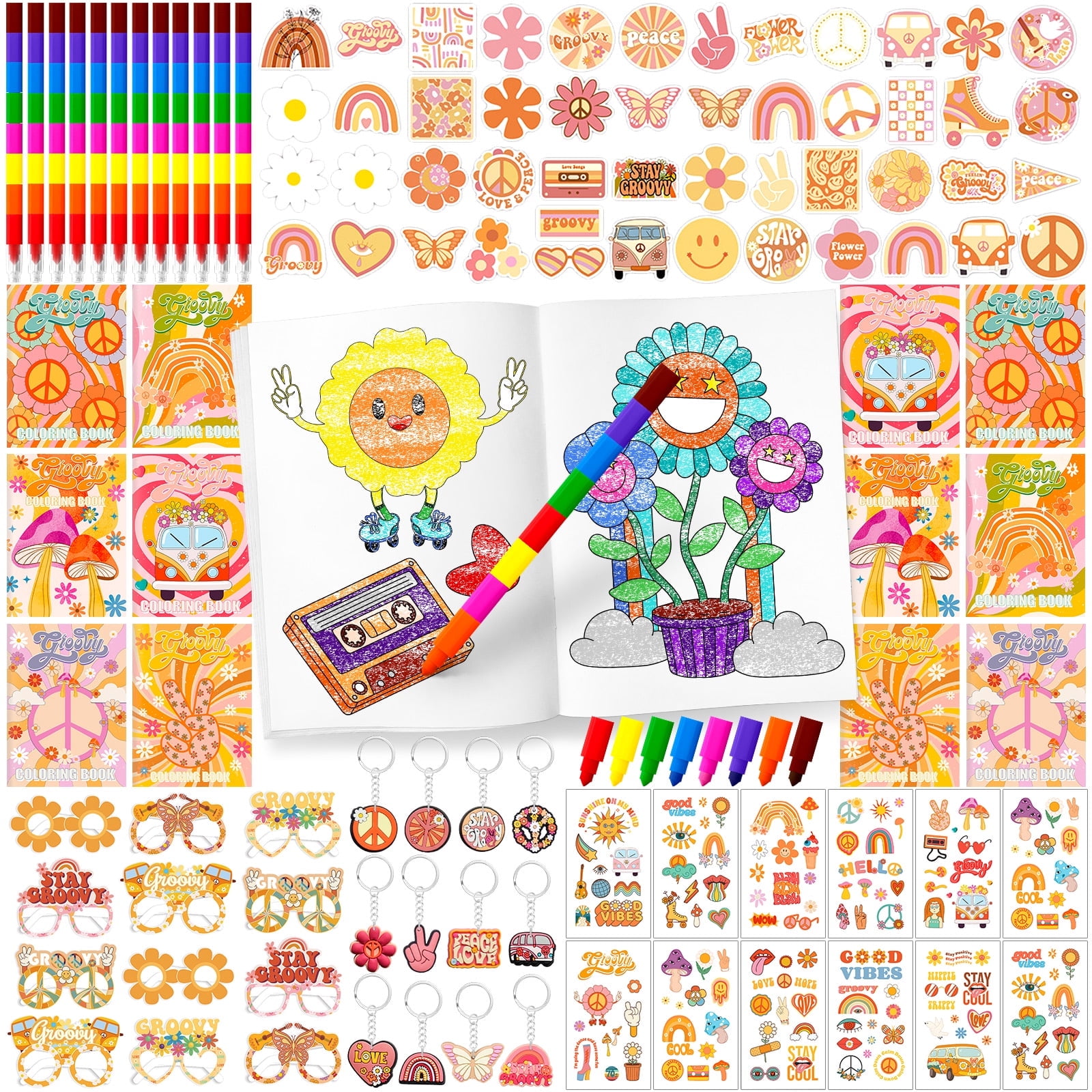 110PCS Groovy Boho Party Favors Groovy Coloring Books and Eight Color Crayons Funny Keychains Paper Glasses Stickers For Kids