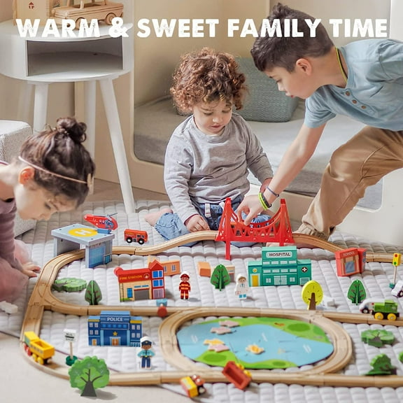 110PCS Wooden Train Set for Kids Ages 3-, Compatible with Major Brands, Fun Railway Playset