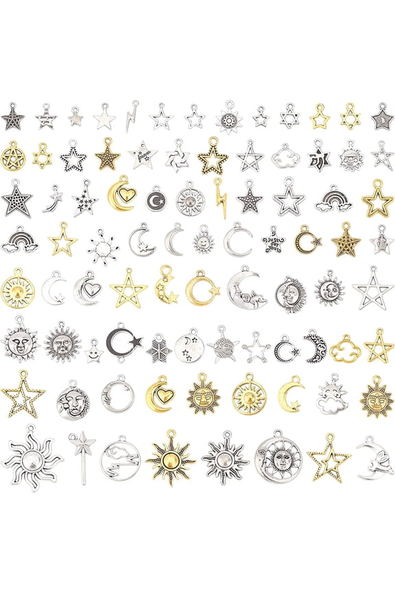 110Pcs 2 Colors Sun Moon Star Jewelry Making Charm Tibetan Style Pendants Smooth Tibetan Silver Metal Charms Pendants