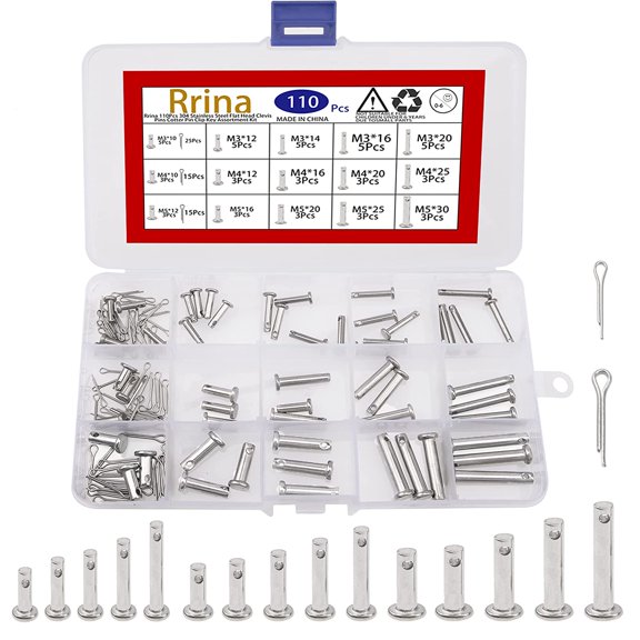 110Pcs 304 Stainless Steel Flat Head Clevis Pins Cotter Pin Clip Key Assortment Kit Link Hinge T-Shape Round Pin M3 M4 M5 Assorted Sizes Set