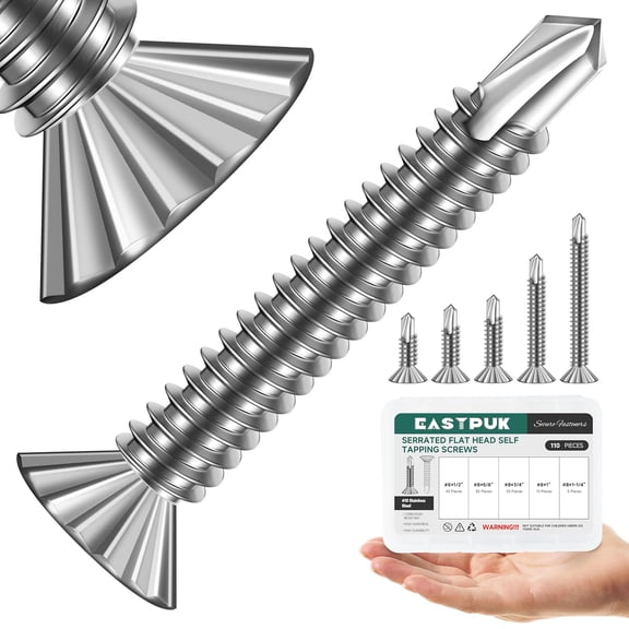 110Pcs #8 Self Tapping Screws for Metal, 410 Stainless Steel Serrated Flat Head Self Drilling Sheet Metal Screws Assortment Kit for Aluminum Steel Furniture Windows Ceilings Slidings Railings