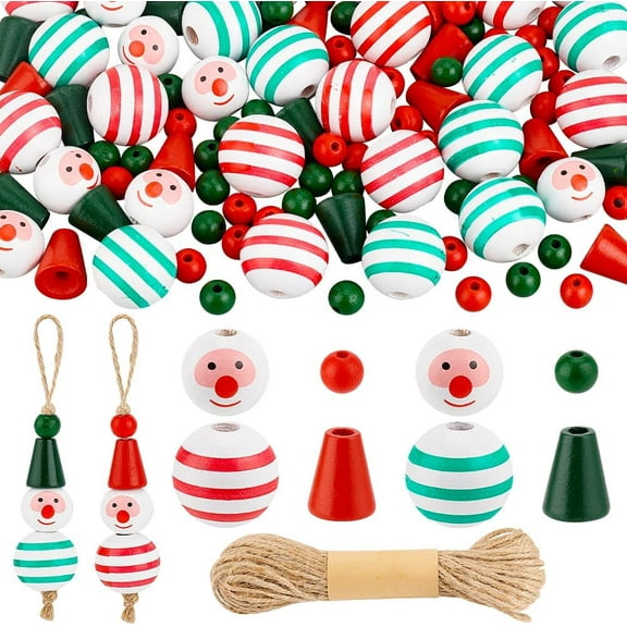 110Pcs Christmas Snowman Wooden Beads Christmas Wooden Beads Snowman Beads Winter Beads with Hemp Rope DIY