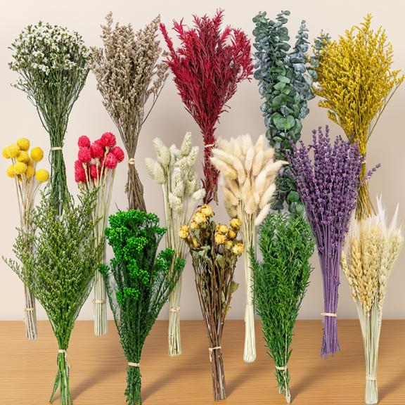 110Pcs Dried Flower Set, 15 Varieties with Lavender, Eucalyptus, Bunny Tails & Dried Roses, 12-Inch Stems for Home Decor, Vase, Wedding, DIY Crafts