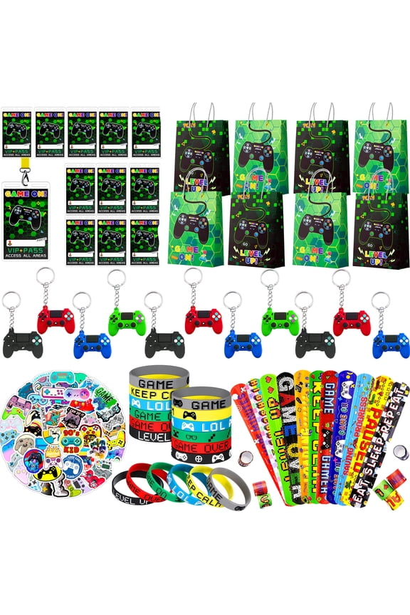 110Pcs Gamer Themed Party Favors Kit, Comes with Slap Bracelets, Wristbands, Keychains, VIP Pass Tickets and Goodie Bags, Ideal Video Game Party Gifts