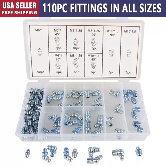 110Pcs Grease Fitting Assortment Metric Straight And Angled Kit Usa