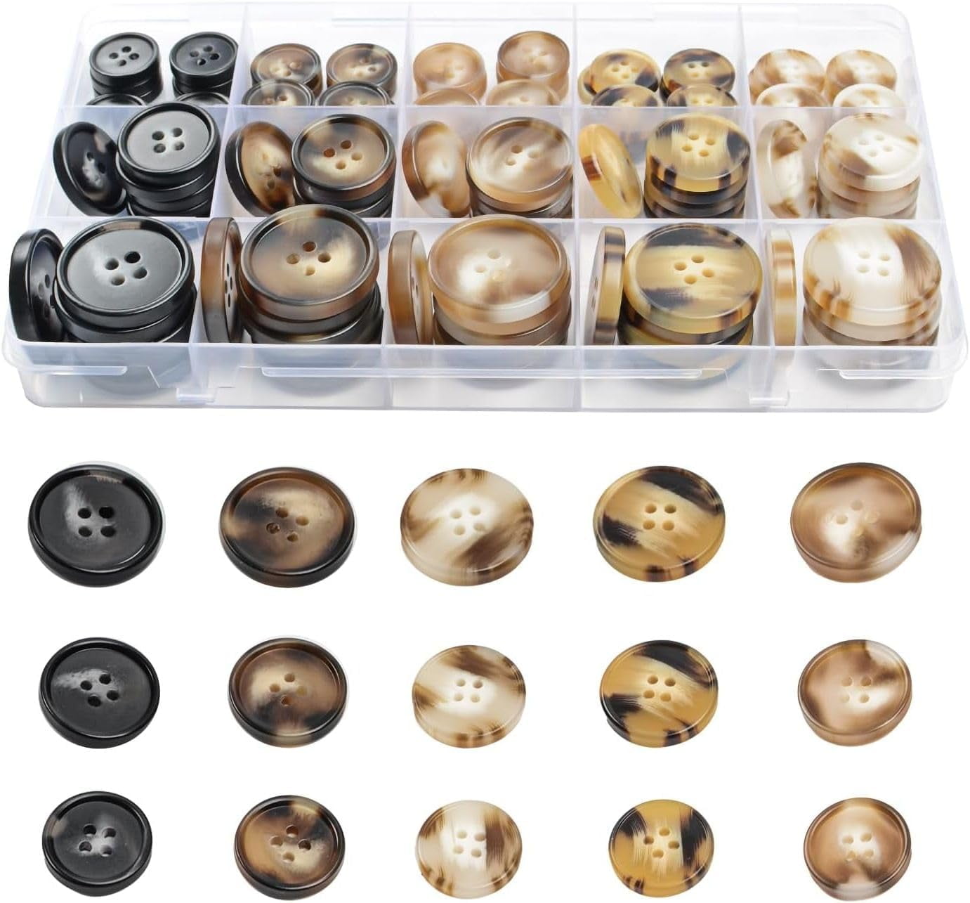 110Pcs Mixed Sewing Buttons, 4-Hole Craft Round Blazer Buttons, 5 Color 3 Size (15mm, 20mm, 25mm) Suit Coats Resin Button, Suitable for Variety Clothing Sewing, DIY Craft (Coffee Color)