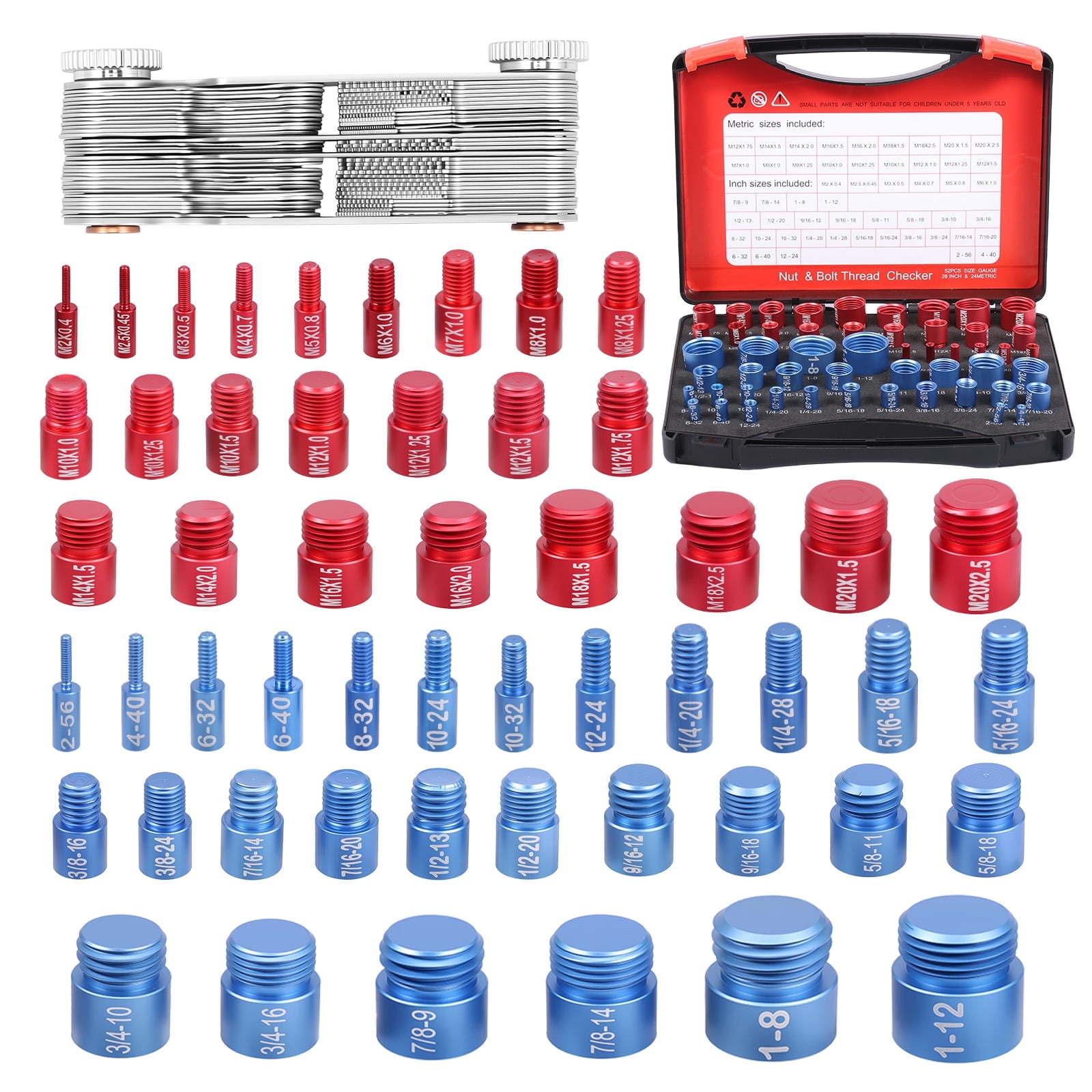 Nut And Bolt Thread Checker – 44 Size Aluminum Alloy Gauge, Metric & Imperial, Red, With Mounting Holes