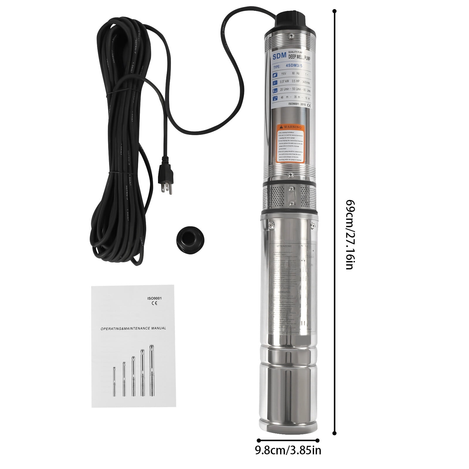 110V 0.5HP Submersible Deep Well Water Pump Stainless Steel 16GPM 157ft New Silver for Drainage of Cities, Factories, Railroads