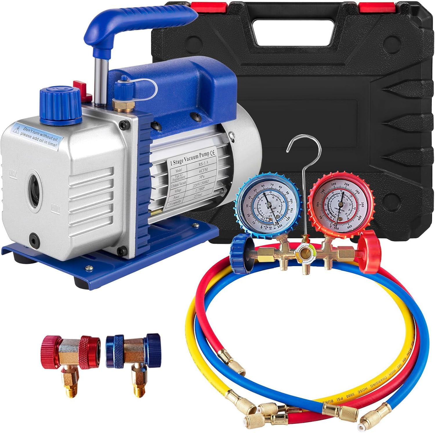 110V 1/3 HP 4CFM Single Stage A/C Vacuum Pump and AC Manifold Gauge Kit for HVAC Air Conditioning Refrigeration Recharging