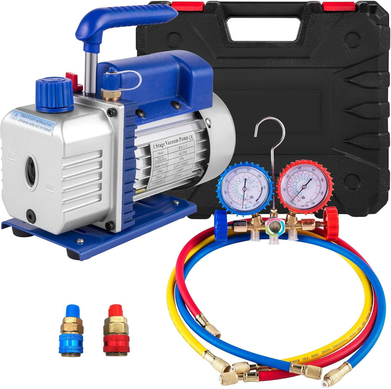 110V 1/4 HP 4CFM Single Stage A/C Vacuum Pump and AC Manifold Gauge Kit for HVAC Air Conditioning Refrigeration Recharging
