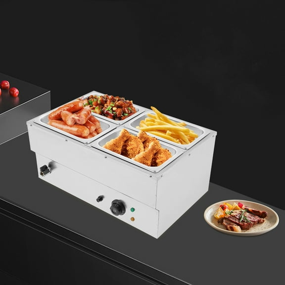110V 1.5KW Commercial Stainless Steel Food Warmer, Electric Soup Warmer, Electric Commercial Food Warmer 4-Compartments 57*38*27cm