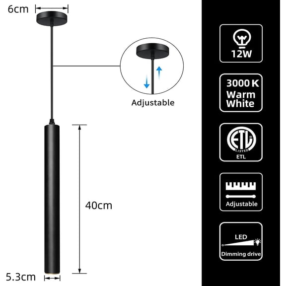 110V 12w 3000k Dia 5CM L40CM Tube LED COB Modern Pendant Lights Spot Light Downlight Hanging Lamp for Kitchen Island Dining Room Bar Counter Shop