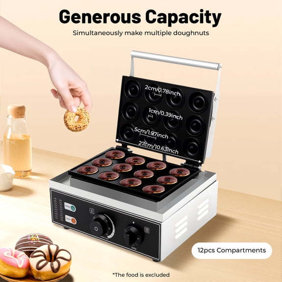 110V 1550W 12 Cavity Donut Making Machine, Produces 5cm Size Doughnut with Non Stick Coated Cooking Plate
