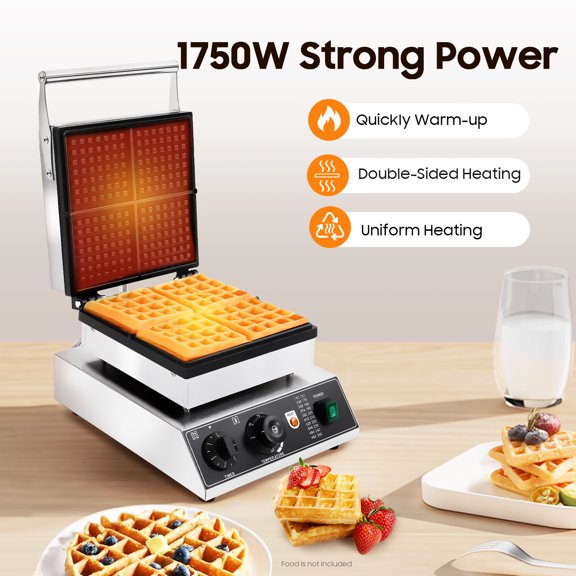 110V 1750W 4 Square Grid Waffle Maker, with Non Stick Cooking Surface Attached Cleaning Cloth Accessory