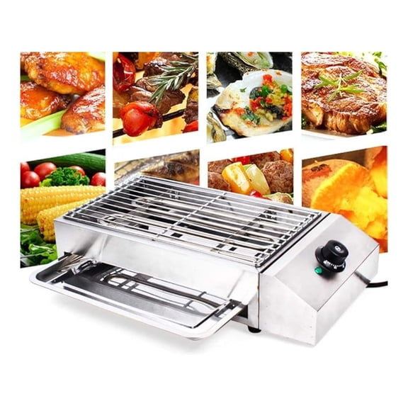 110V 1800W Electric Grill Portable Barbecue Oven Stainless Steel BBQ Grill Countertop Flat Top Electric Grill for Indoor Restaurant Outdoor Camping Party Sliver