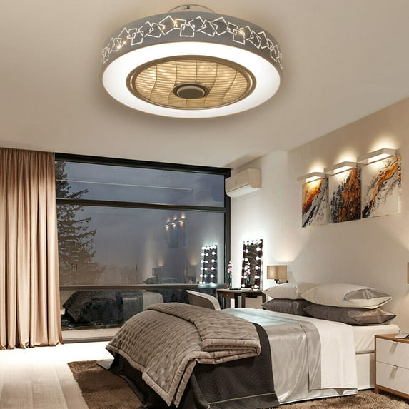 110V 20Inch Round LED Ceiling Fan Light Living Room Bedroom Chandelier w/ Remote