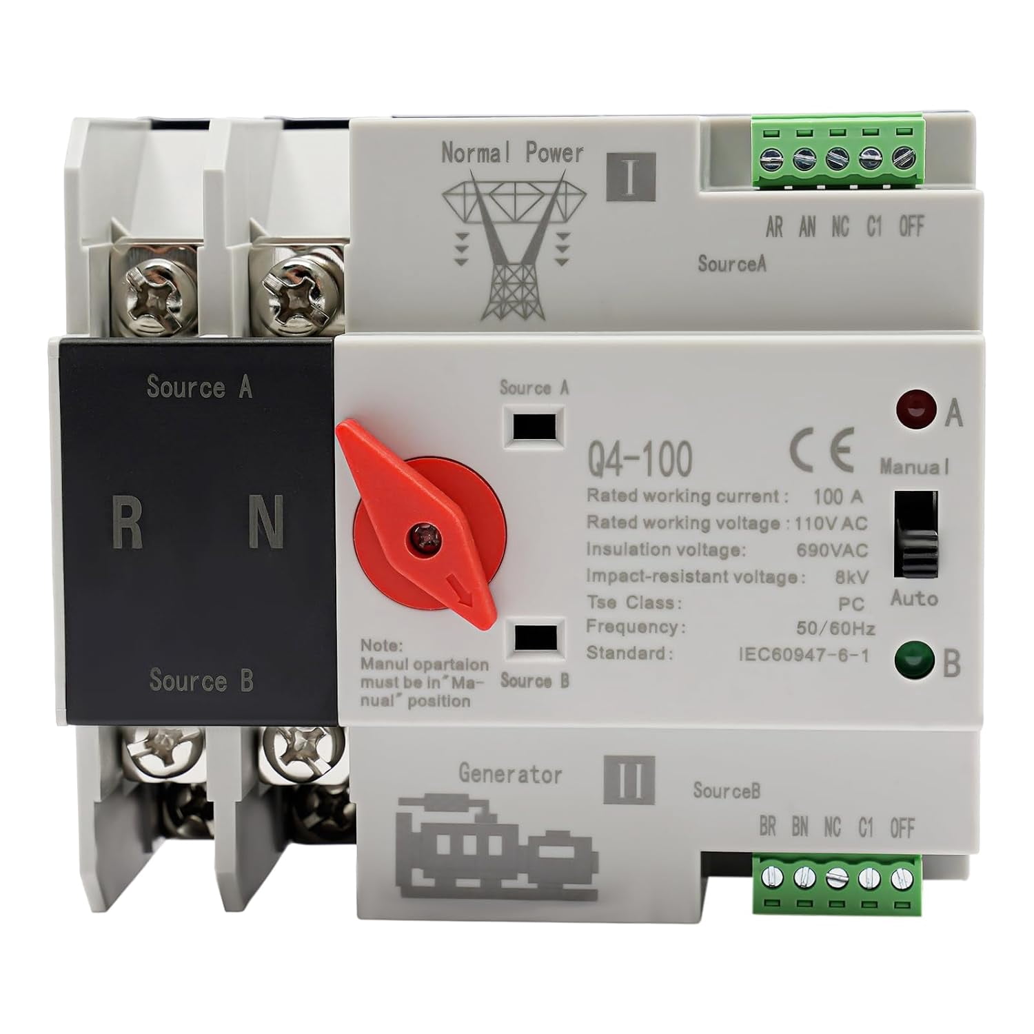 110V 2P 100A Mini Dual Power Automatic Transfer Switch Dual Power Generator Changeover Switch 50HZ/60HZ (2P 100A NO Power Off)