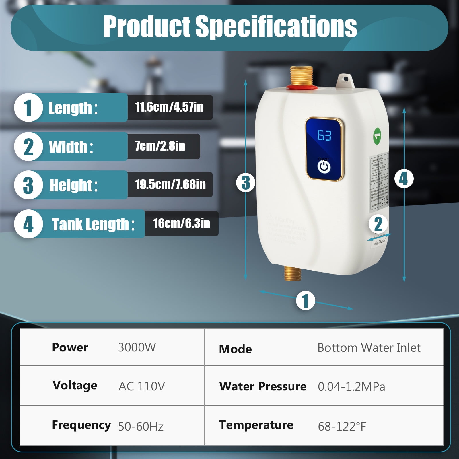 110V 3000W Portable Instant Electric Tankless Hot Water Heater Shower Kitchen Bathroom White