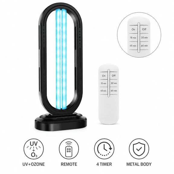 110V 38w Vertical UV Cleaning Lamp with Ozone,with Timer Function 15/30/45/60 minutes,for Bed Bugs and Dust Mites,with Remote Control,1pcs,Black